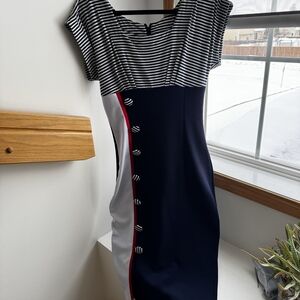 Tatyana Navy and White Striped Midi Dress